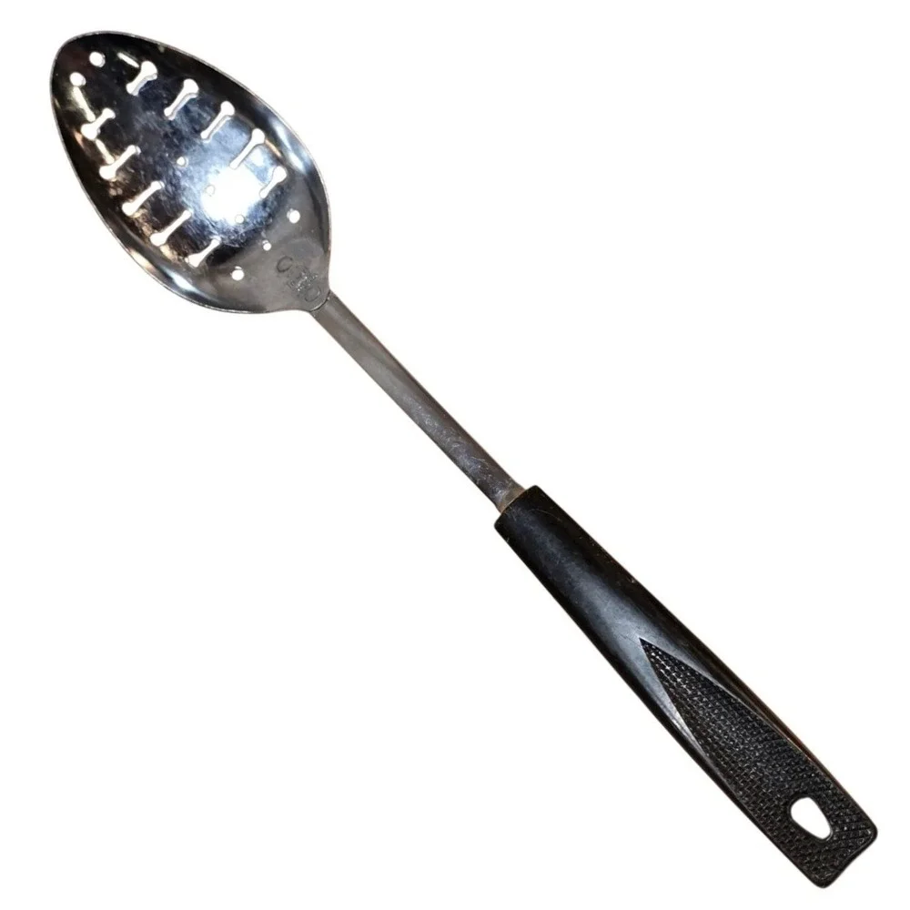Vintage EKCO USA Chrome Plated Slotted Spoon‎ Black Plastic Handle
